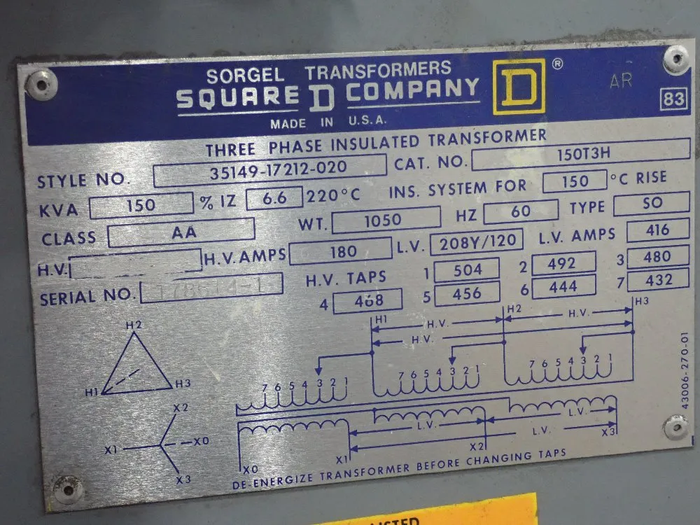 Square D. Co. 150 Kva Transformer - 150t3h