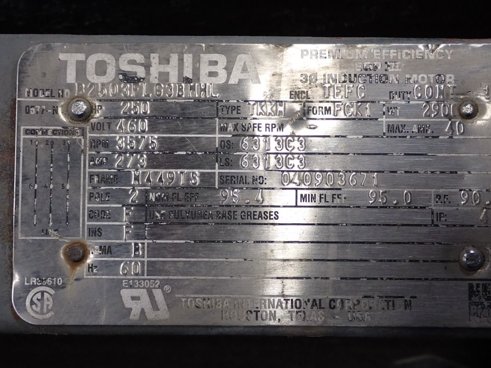 Toshiba 250 Hp Induction Motor - B2503fl63bmml