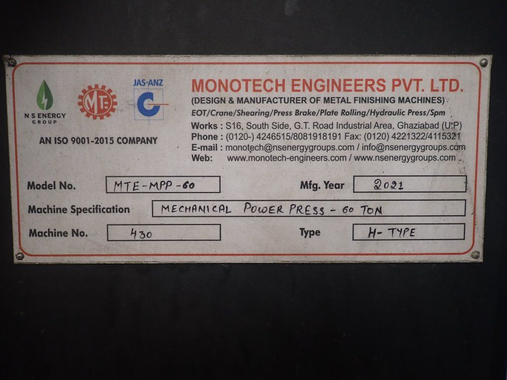 Monotech 60 Ton Power Press/control Press - Mte-mpp-60