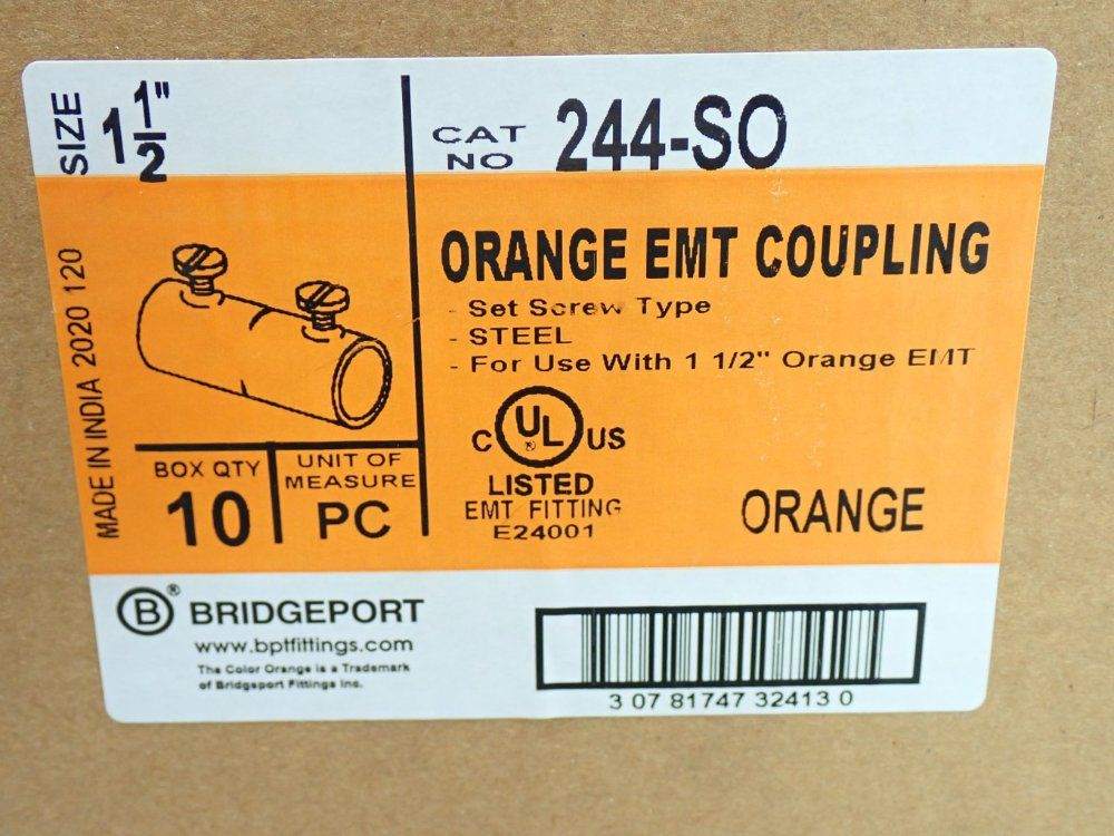 Bridgeport 1-1/2 Coupling Orange Set Screw Emt Coupling - 244-so