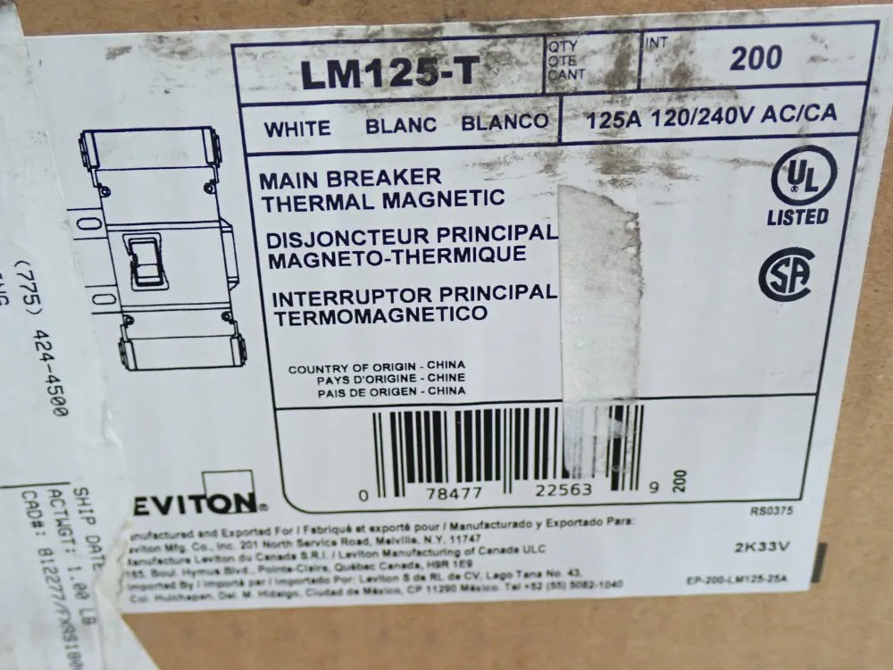 Leviton Thermal Magnetic Main Circuit Breaker - Lm125-t