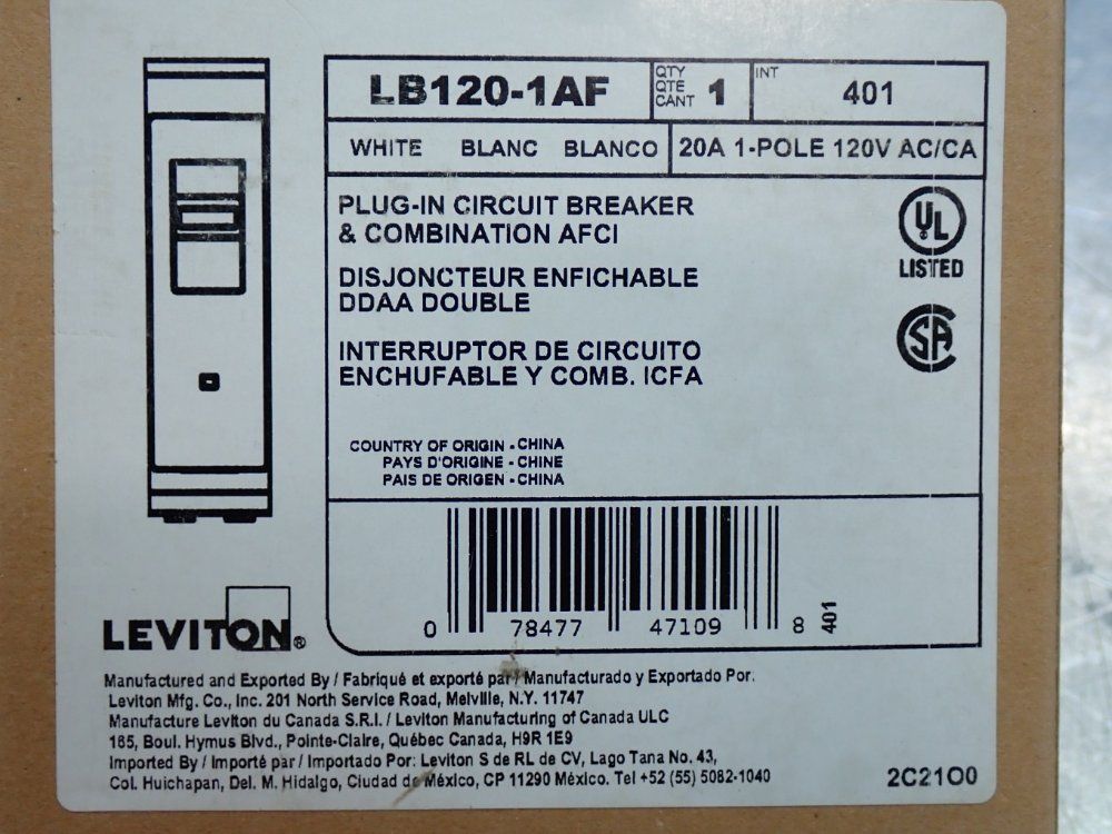 Leviton Hydraulic Circuit Breaker - Lb120-1af