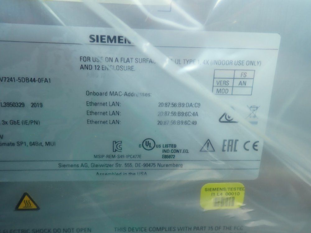 Siemens 15" Simatic Industrial Panel Pc - 6av72415db440fa1