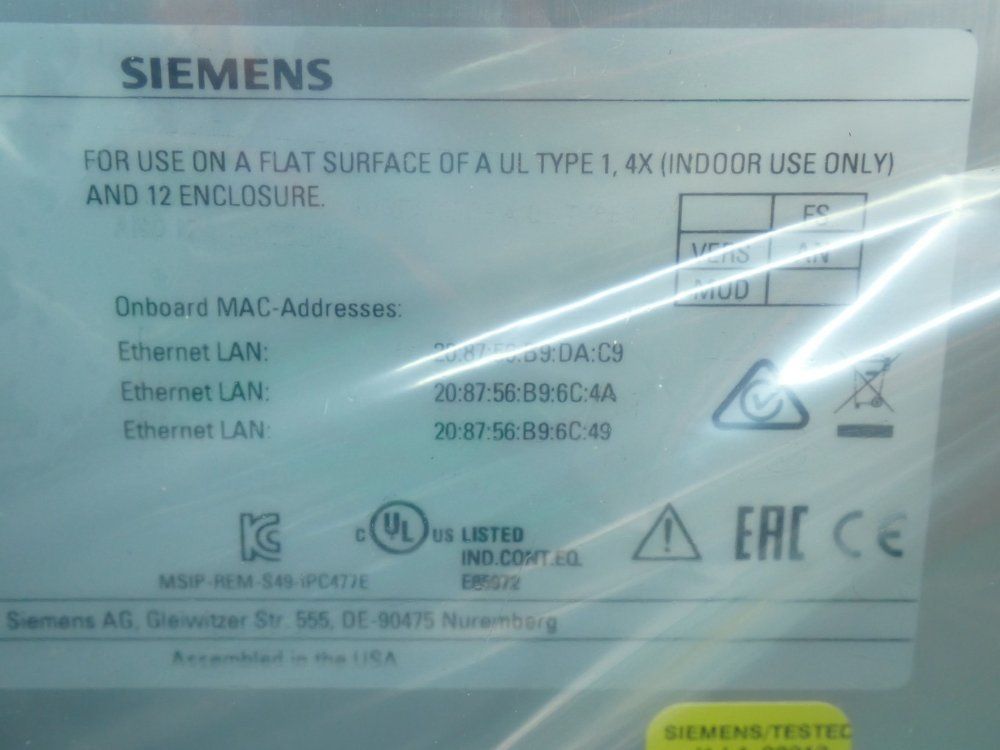 Siemens 15" Simatic Industrial Panel Pc - 6av72415db440fa1