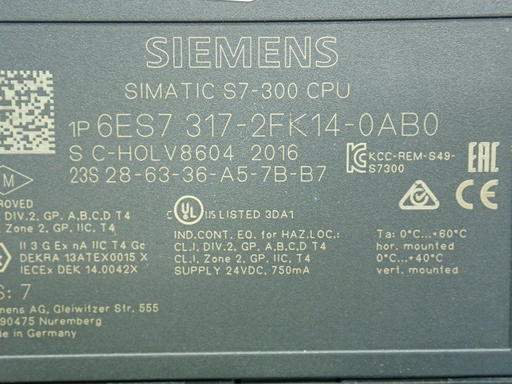 Siemens 1.5mb Working Memory Simatic S7-300 Central Processing Unit - 6es7317-2fk14-0ab0