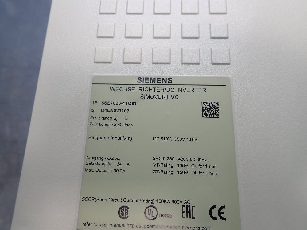 Siemens 510-650 Vdc, 15 Kw, 34 Amp Vector Control Inverter - 6se7023-4tc61