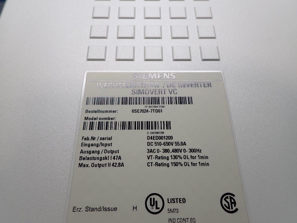 Siemens 47 Amp, 510-650 Vdc, 22 Kw Simovert Masterdrives Vector Control Inverter Compact Unit - 6se7024-7td61