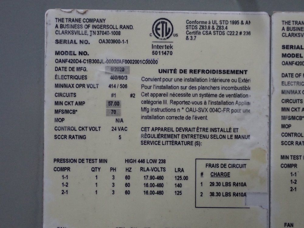 Trane Air Conditioner - Oanf420d4-c1b3005l-00000af00020002001c00000