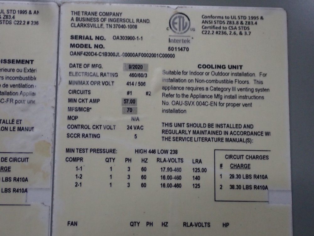 Trane Air Conditioner - Oanf420d4-c1b3005l-00000af00020002001c00000