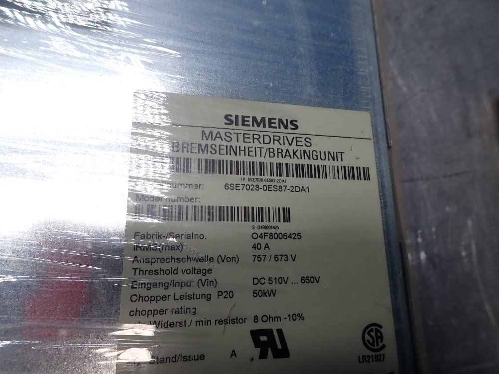 Siemens 510-650 Vdc, 50 Kw Braking Module - 6se7028-0es87-2da1