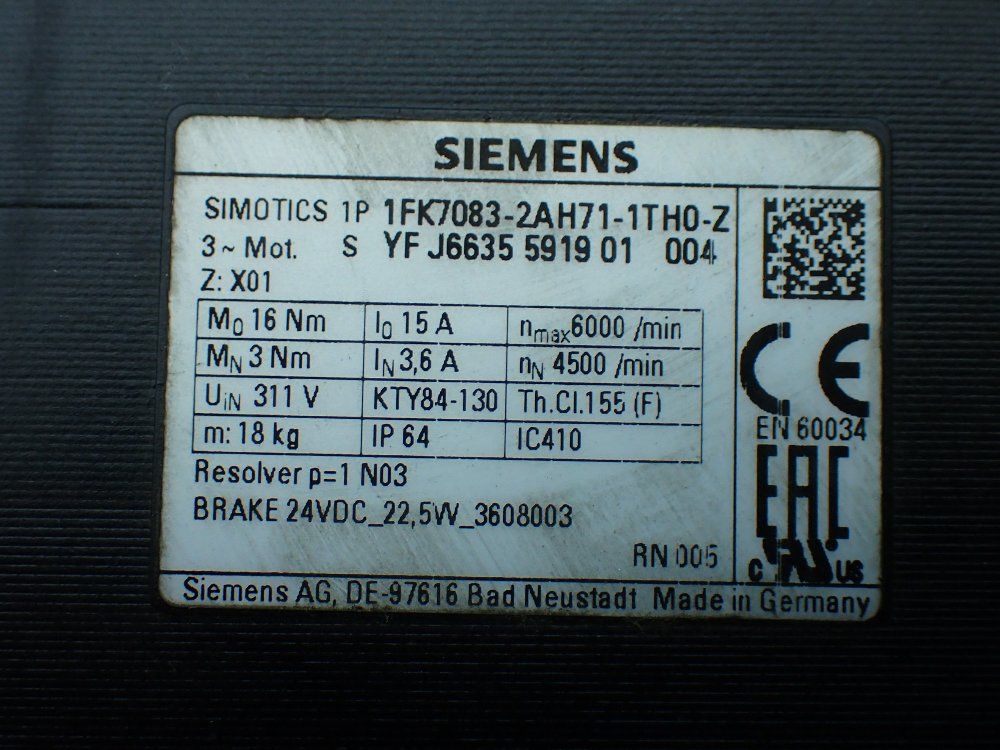 Siemens Ac Servo Motor. - 1fk7083-2ah71-1th0-z