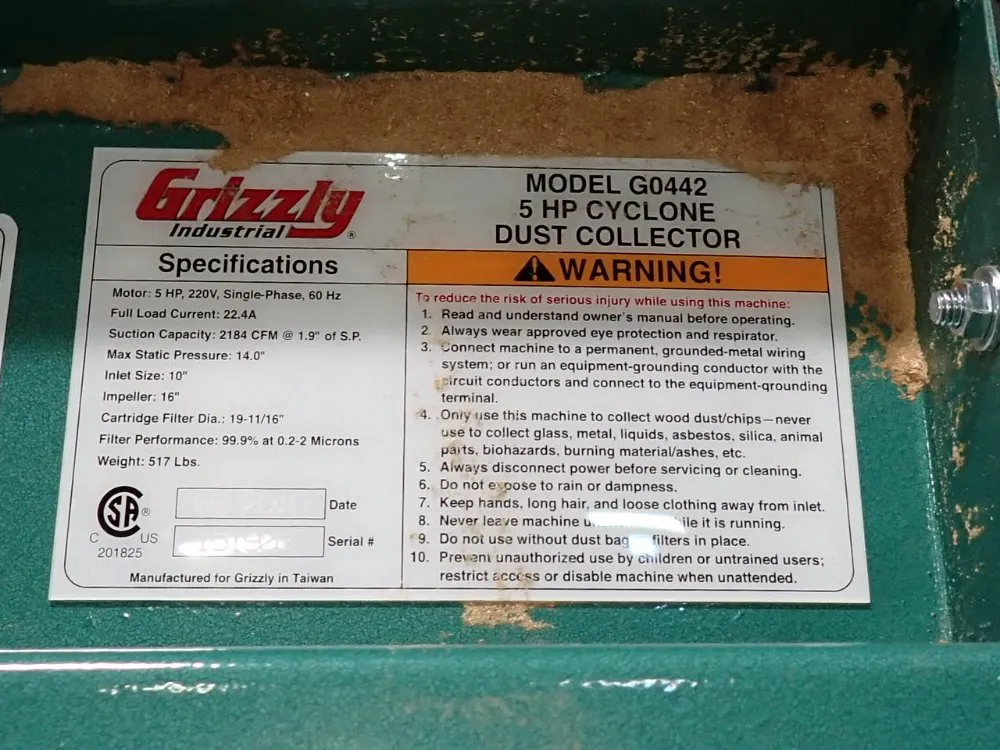 Grizzly Industrial 5 Hp Cyclone Dust Collector - G0442