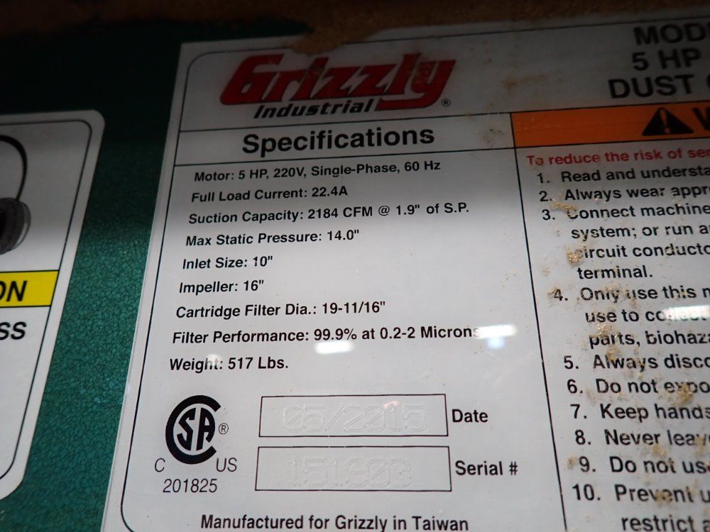 Grizzly Industrial 5 Hp Cyclone Dust Collector - G0442