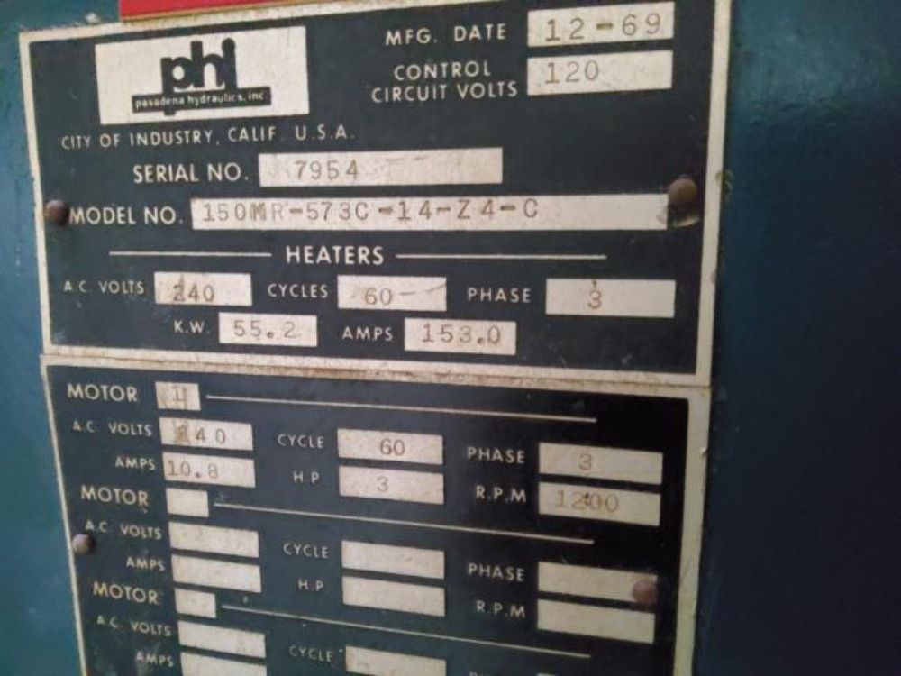 Pasadena Hydraulic Inc 25 1/2"x28" 1969 Pasadena Hydraulic Inc 150mr-573c-14-z4-c Platen Press - 150mr-573c-14-z4-c