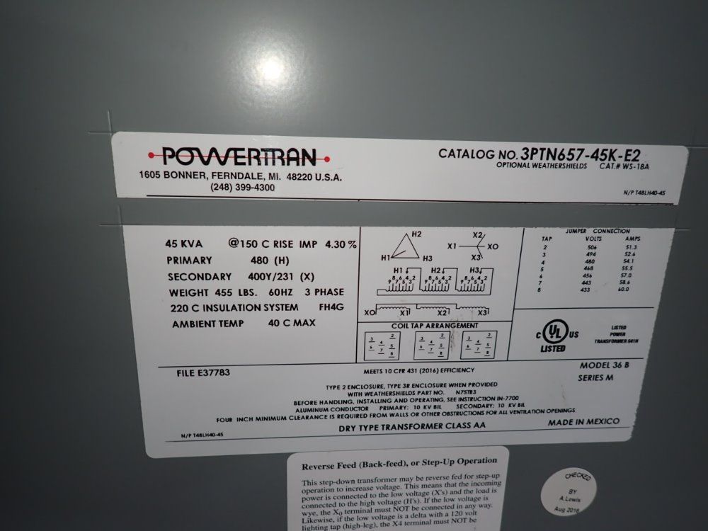 Powertran 45 Kva Transformer - 3ptn657-45k-e2