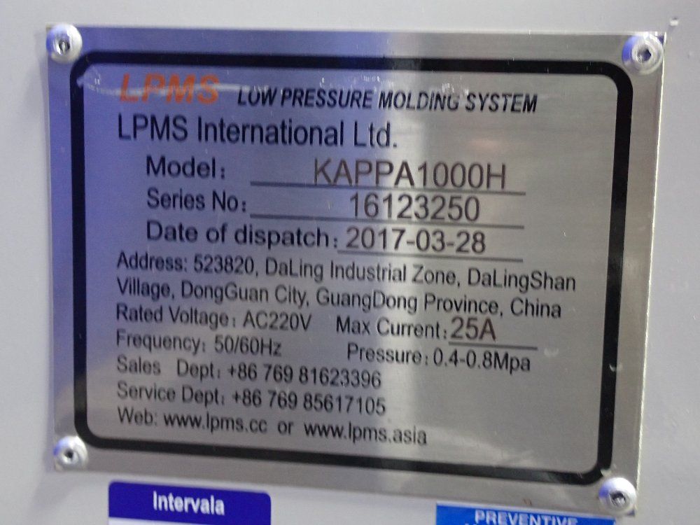 Lpms 2017 Lpms Low Pressure Molding System - Kappa1000h-16/23z50