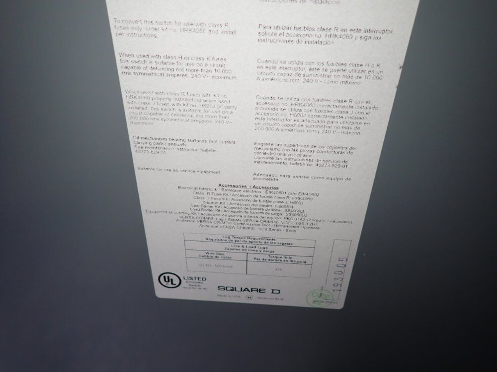 Square D 600 Amps Fusible Disconnect - H326n
