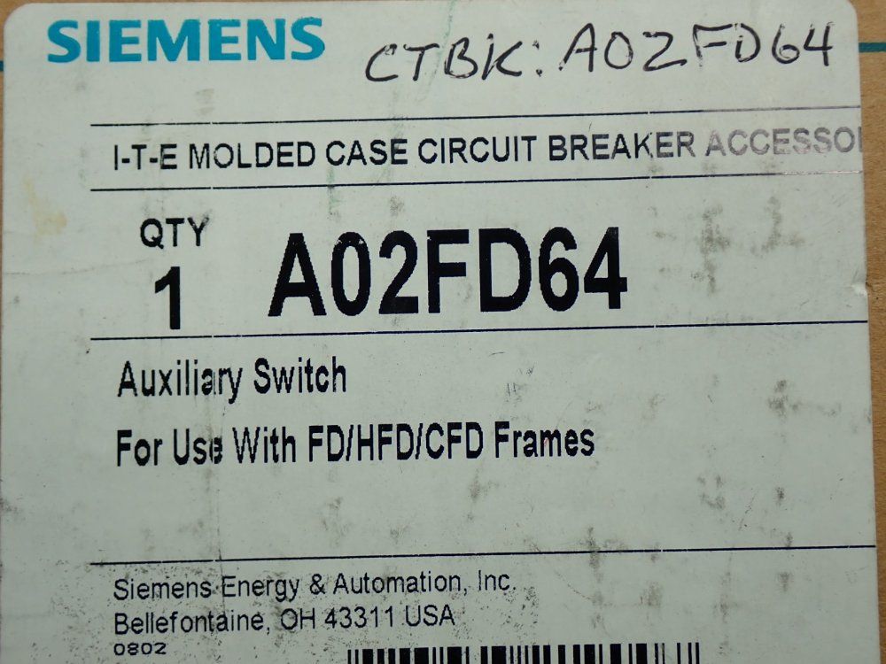 Siemens Circuit Breaker Auxiliary Switch - A02fd64