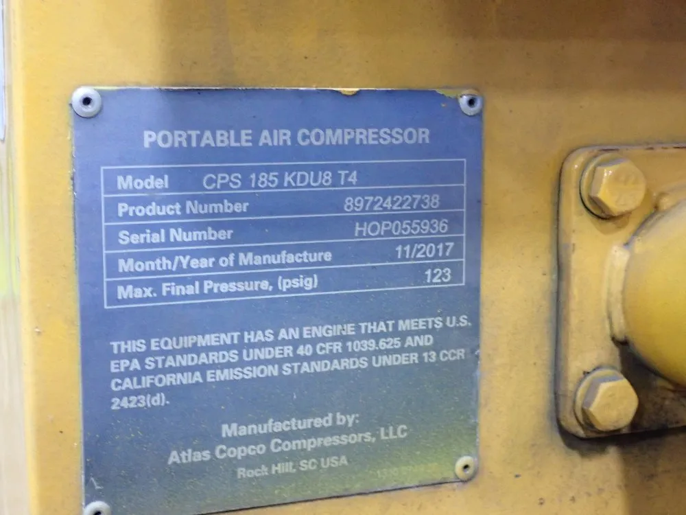 Atlas Copco 2017 Atlas Copco Cps 185 Kdu8 T4 Portable Air Compressor - Cps 185 Kdu8 T4