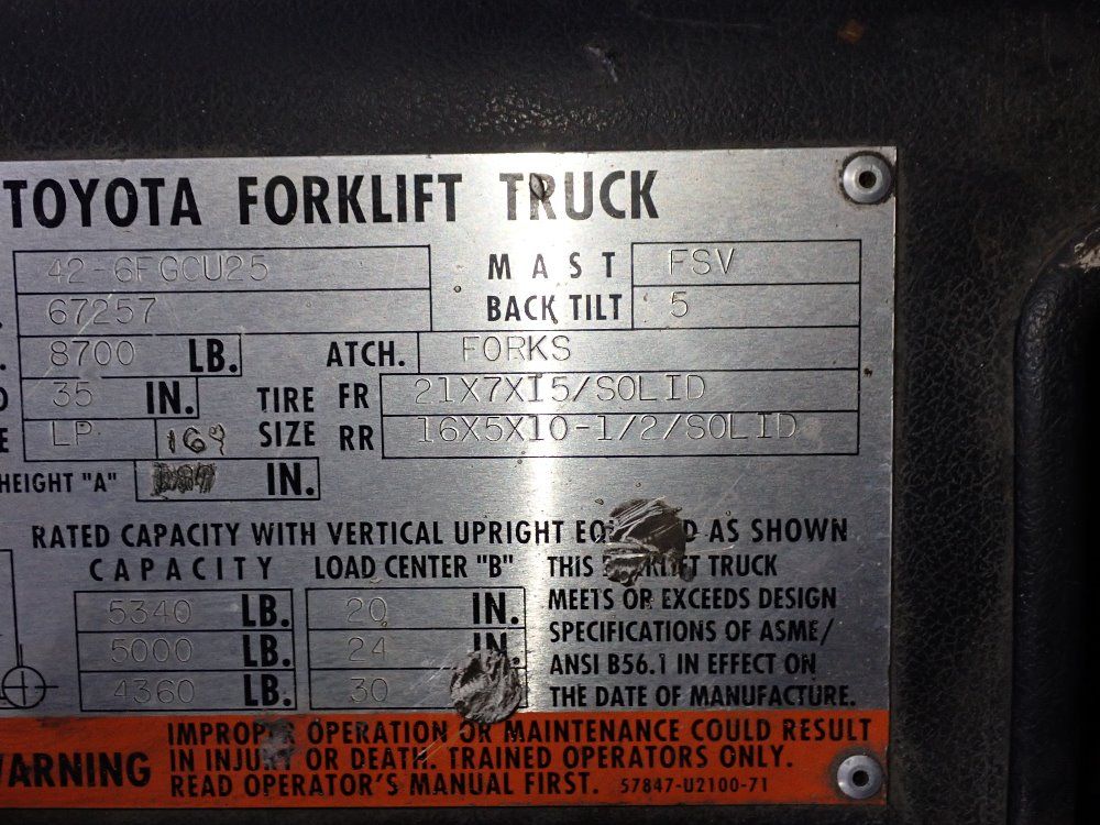 Toyota 5340 Lbs 42-6fgcu25 Propane Forklift - 42-6fgcu25