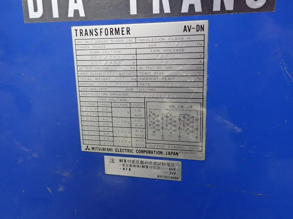 Mitsubishi Electric 15 Kva 3 Phase Dry Type Transformer - Av-dn