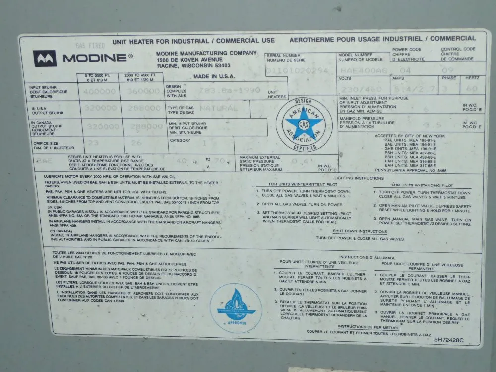 Modine Mfg. Co. Natural Gas Industrial Heater