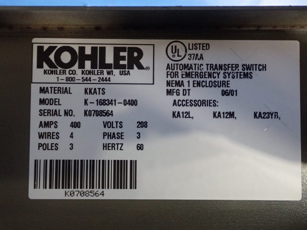 Kohler 400 Amp K-168341-0400 Transfer Switch - K-168341-0400