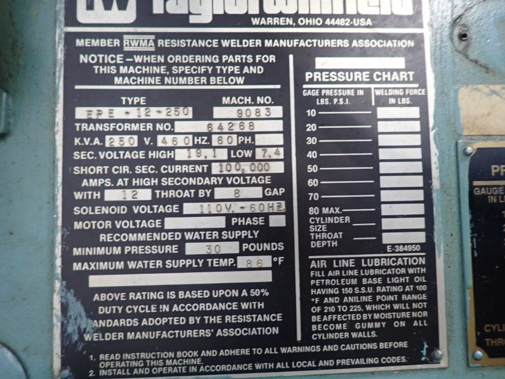 Taylor-winfield 250 Kva Ere-12-250 Spot Welder - Ere-12-250