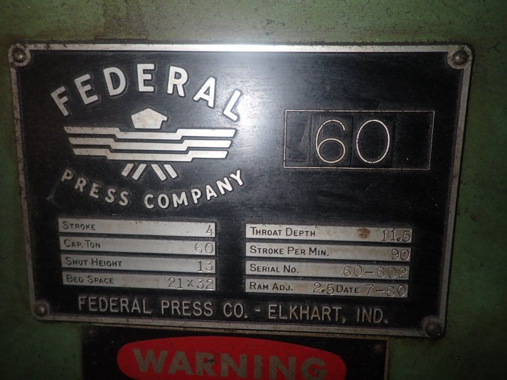 Federal Press Company 60 Ton/21"w X 32"l Bed Press