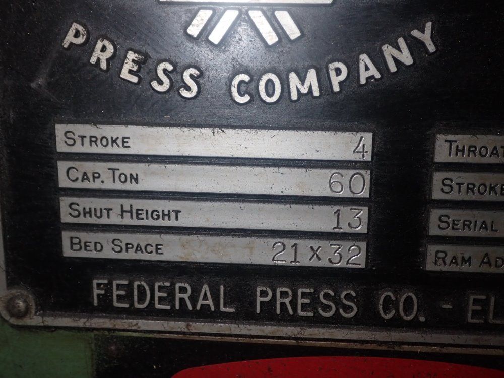 Federal Press Company 60 Ton/21"w X 32"l Bed Press