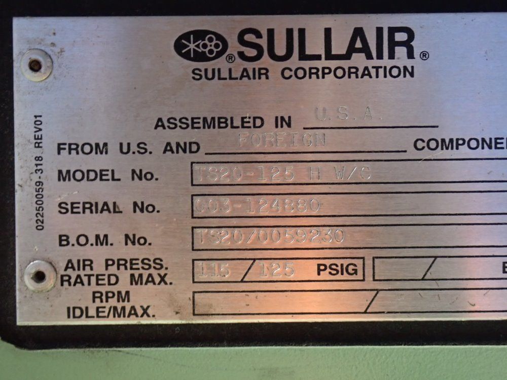 Sullair 125 Hp Ts-20-125hw/c Air Compressor - Ts-20-125hw/c