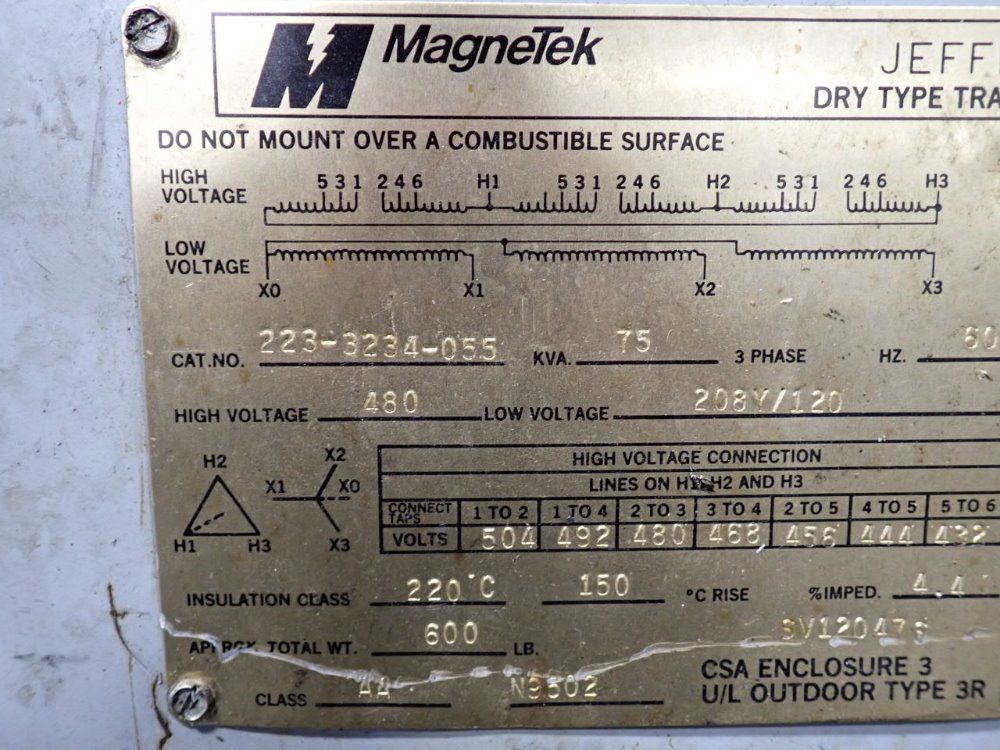 Magnetek 75 Kva Transformer - 223-3234-055