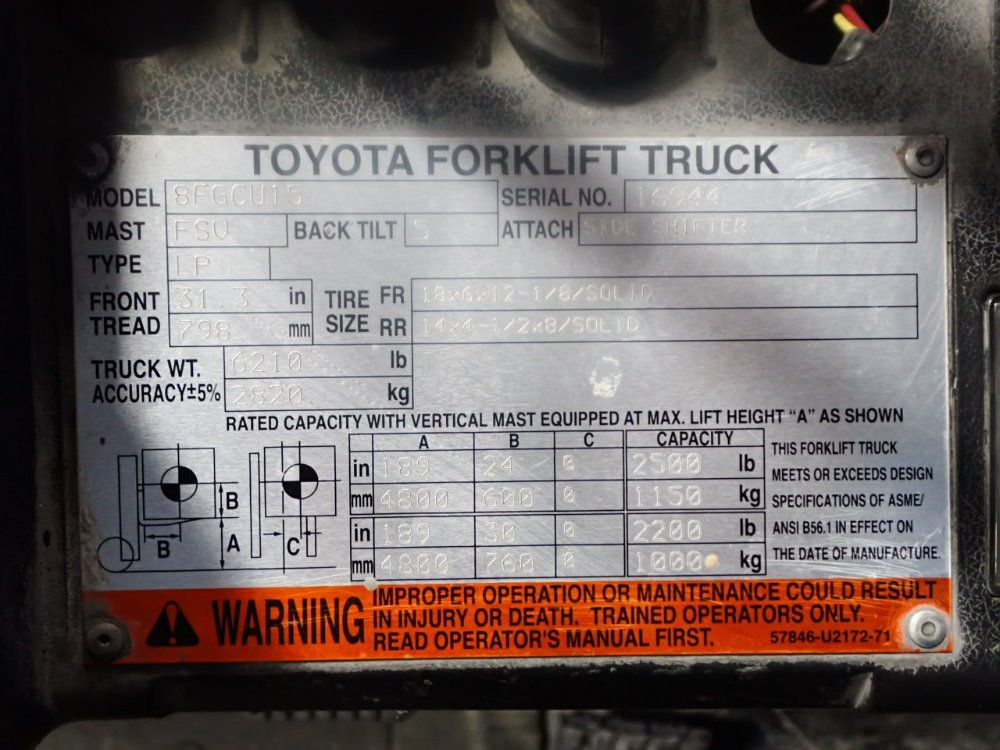 Toyota 2500 Lb Propane Forklift - 8fgcu15