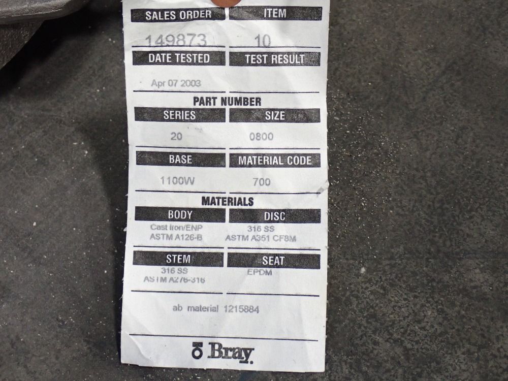Bray 8" Butterfly Valve - Series 20/size 0800