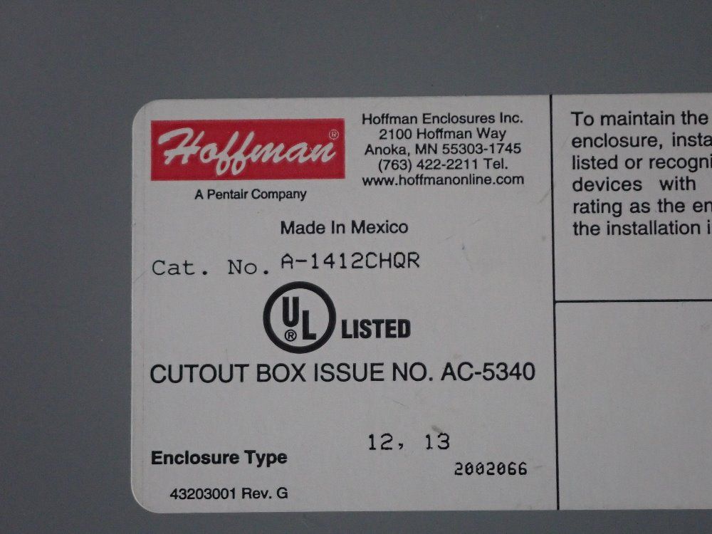 Hoffman Electrical Enclosure - A-1412chqr