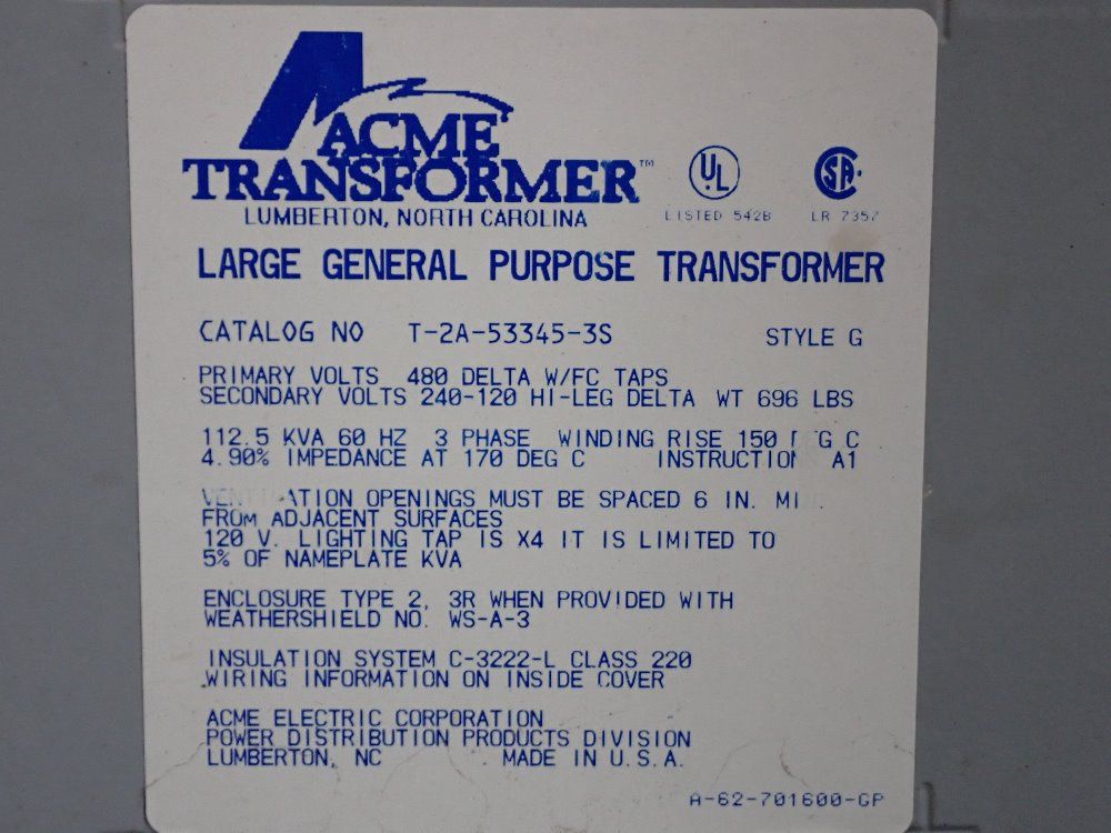 Acme 112.5 Kva Transformer - T-2a-53345-3s