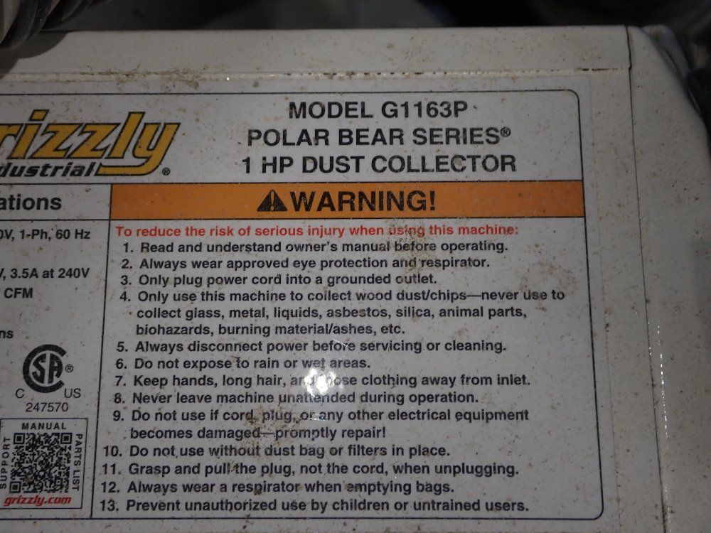Grizzly 1 Hp Dust Collector - G1163p