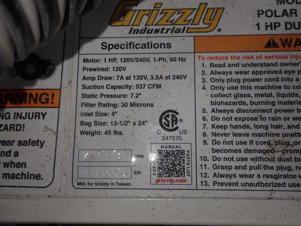 Grizzly 1 Hp Dust Collector - G1163p