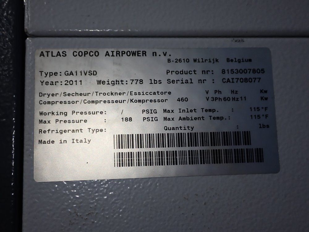 Atlas Copco 15 Hp Air Compressor - Ga11vsd