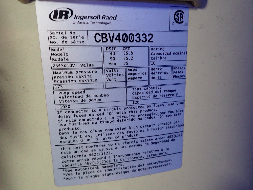 Ingersoll Rand 10 Hp Air Compressor - 2545