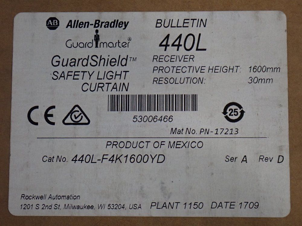 Allen-bradley Protective Height: 1600 Mm (62.99") Safety Light Curtain Receiver - Bulletin 440l (ser. A, Rev. A)