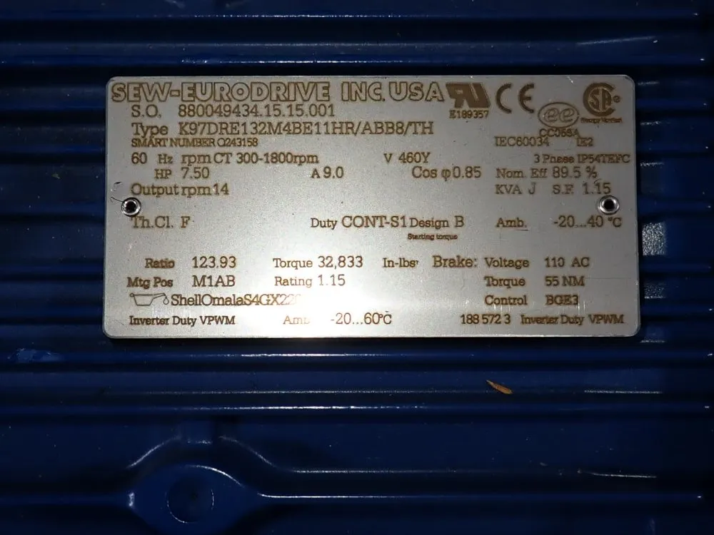 Sew Eurodrive 7.50 Hp Gear Drive - K97dre132m4be11hr/abb8/th