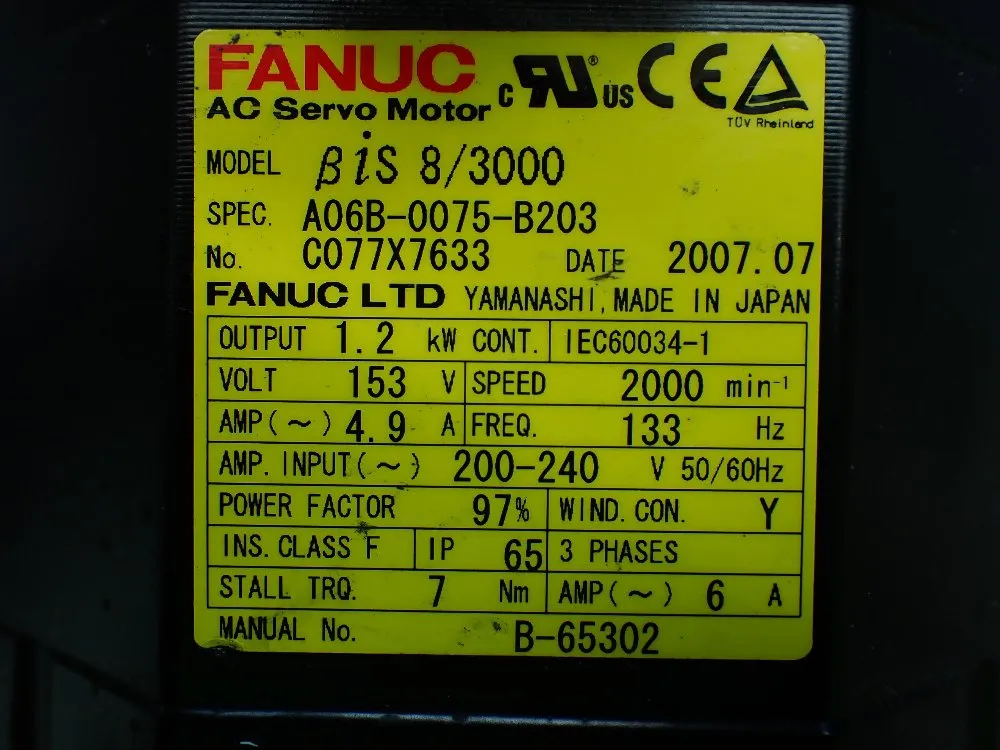 Fanuc 2000rpm Ac Servo Motor. - A06b-0075-b203