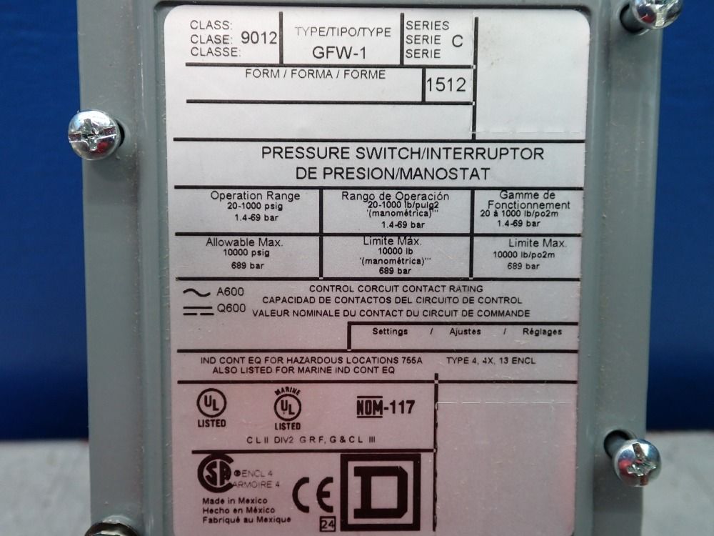 Square D Pressure Switch/intuerruptor - 9012-gfw-1