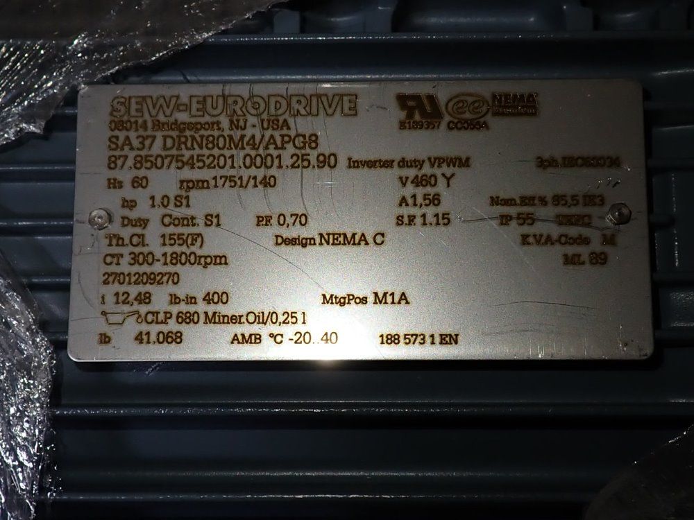 Sew Eurodrive 1 Hp Gear Drive - Sa37 Drn80m4/apg8