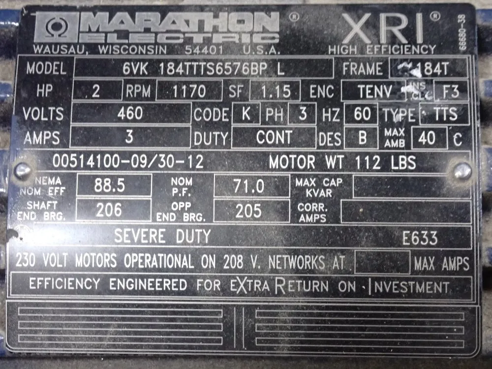 Marathon Electronic 2 Hp Motor - 6vk184ttt56576bpl