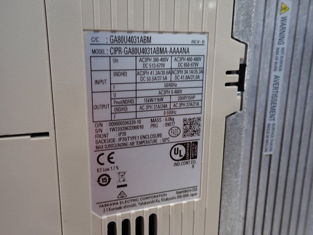 Yaskawa 20 Hp Drive - Cipr-ga80u4031abma-aaaana