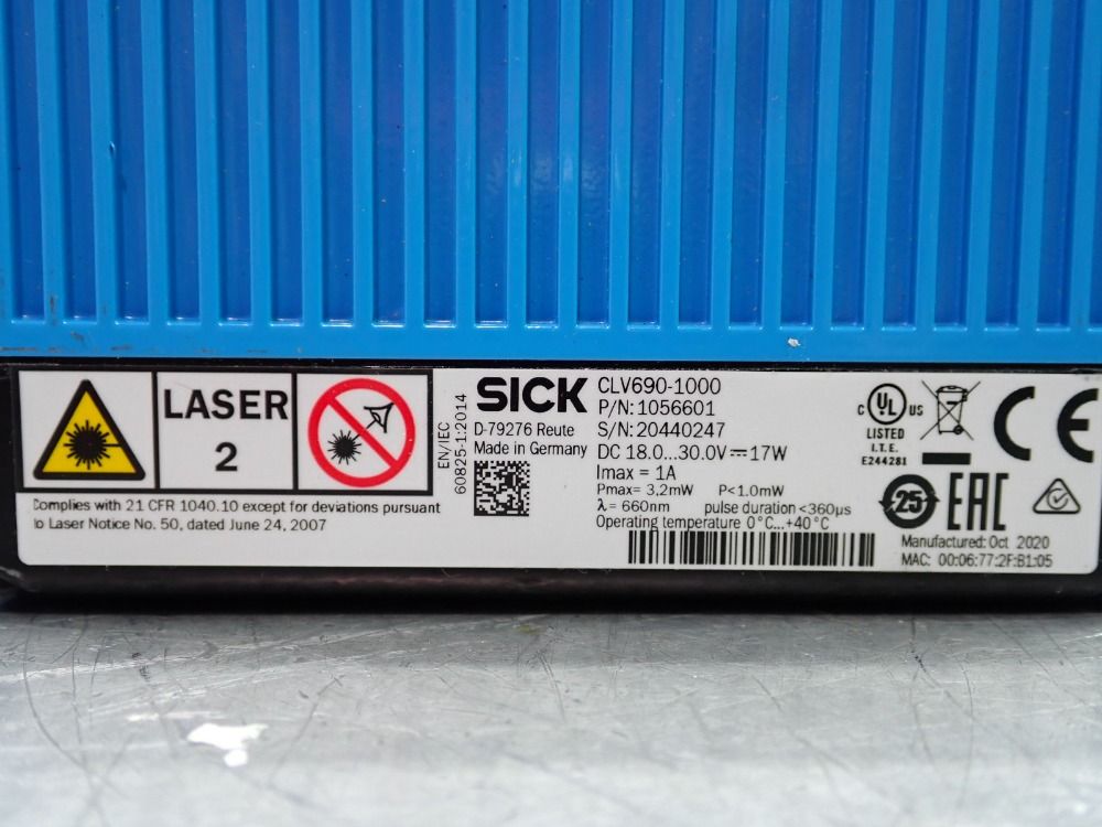 Sick Laser Bar Code Scanner, Fixed Mount, Oscillating Mirror, - Clv690-1000