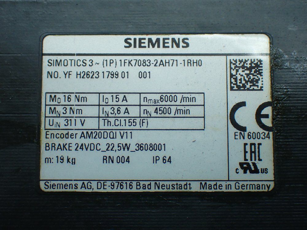 Siemens Ac Servo Motor. - 1fk7083-2ah71-1rh0
