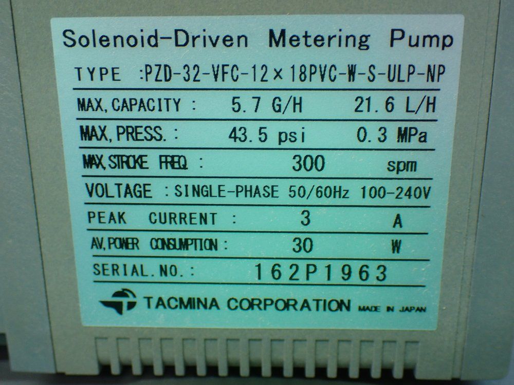 Tacmina Solenoid Driven Metering Pump - Pzd-32-vfc-12x18pvc-w-s-ulp-np